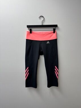 adidas Black Leggings with Coral Pink Waistband & Stripes